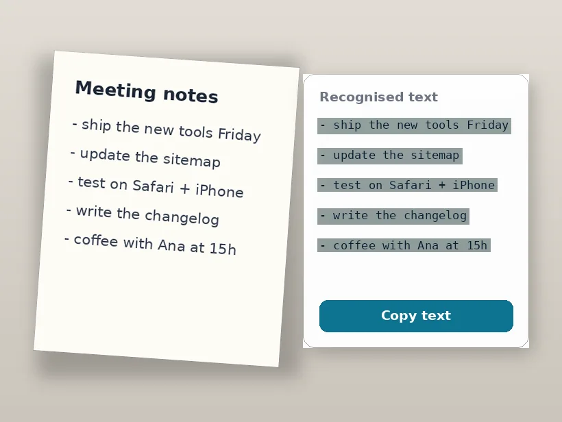 A photographed note beside a panel with the same text recognised, selected and ready to copy
