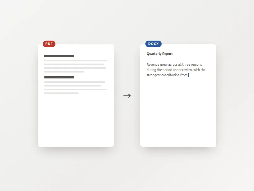 A PDF page beside the same text in an editable Word document with a cursor in it