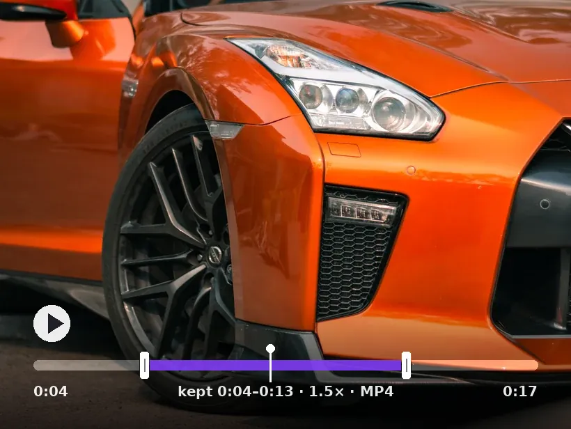 A paused video frame with a trim timeline: handles mark the kept section, with the speed and output format shown