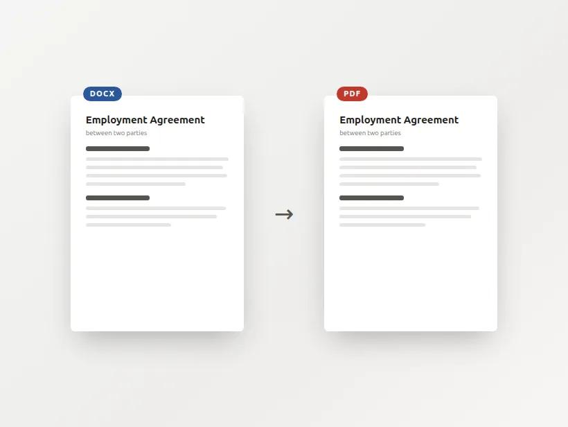 A Word document page beside the same page as a PDF, with DOCX and PDF badges